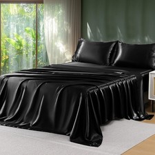 4Pcs Satin Sheet Set Queen Size Ultra Silky Soft Black Satin Queen Bed Sheets wi