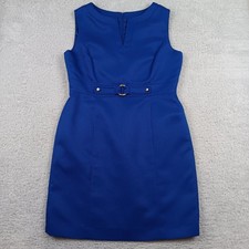 Tahari Sheath Dress Women 16 Blue Textured Notch Neck Buckle Accent RN 106409