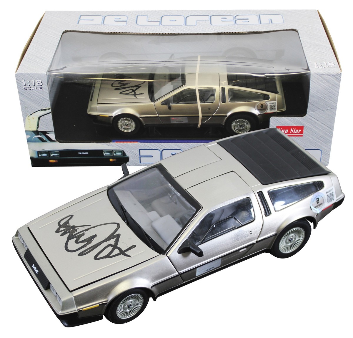 DeLorean Michael J. Fox Back To The Future Signed 1:18 Die Cast DeLorean BAS #BW88013
