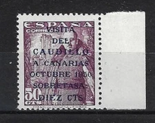 Spain: 1950; Scott B137, set Caudillo a Canarias, overprint, edge, MNH, EBES170