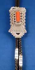 3.5" Navajo Sterling Silver Red Coral BOLO Tie SIGNED TONEY MITCHELL, cord, tips