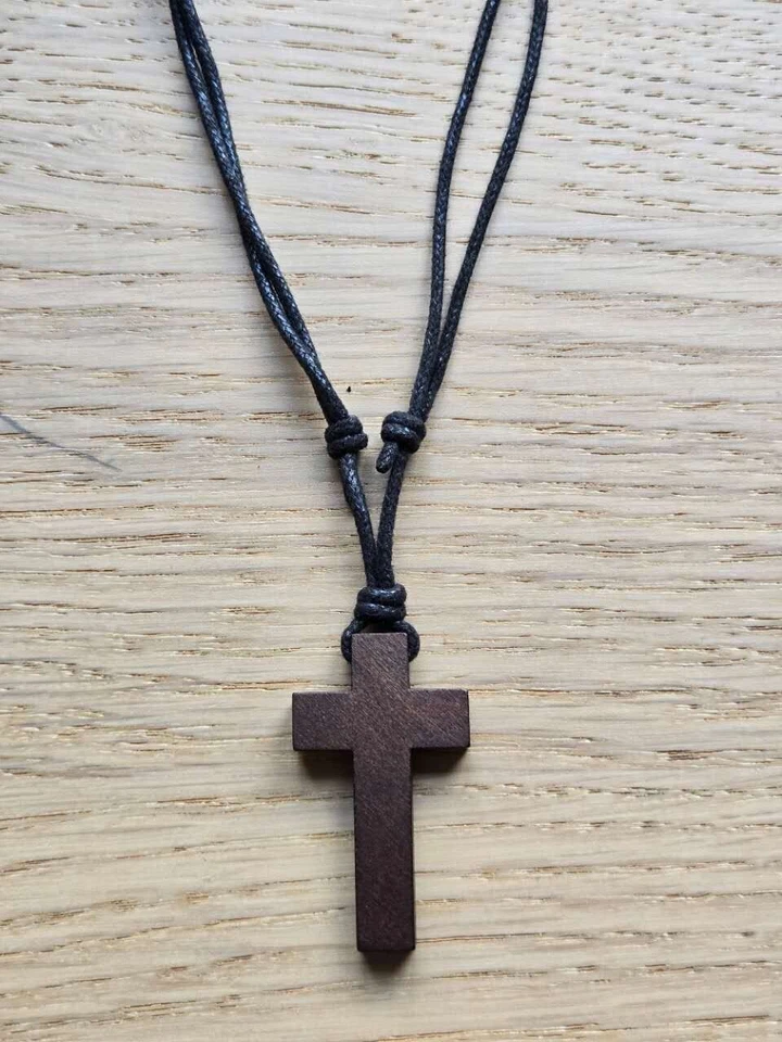NEW WOODEN CROSS NECKLACE PENDANT CHARM WOOD BLACK CORD JESUS CRUCIFIX MEN WOMEN - image 2 of 4