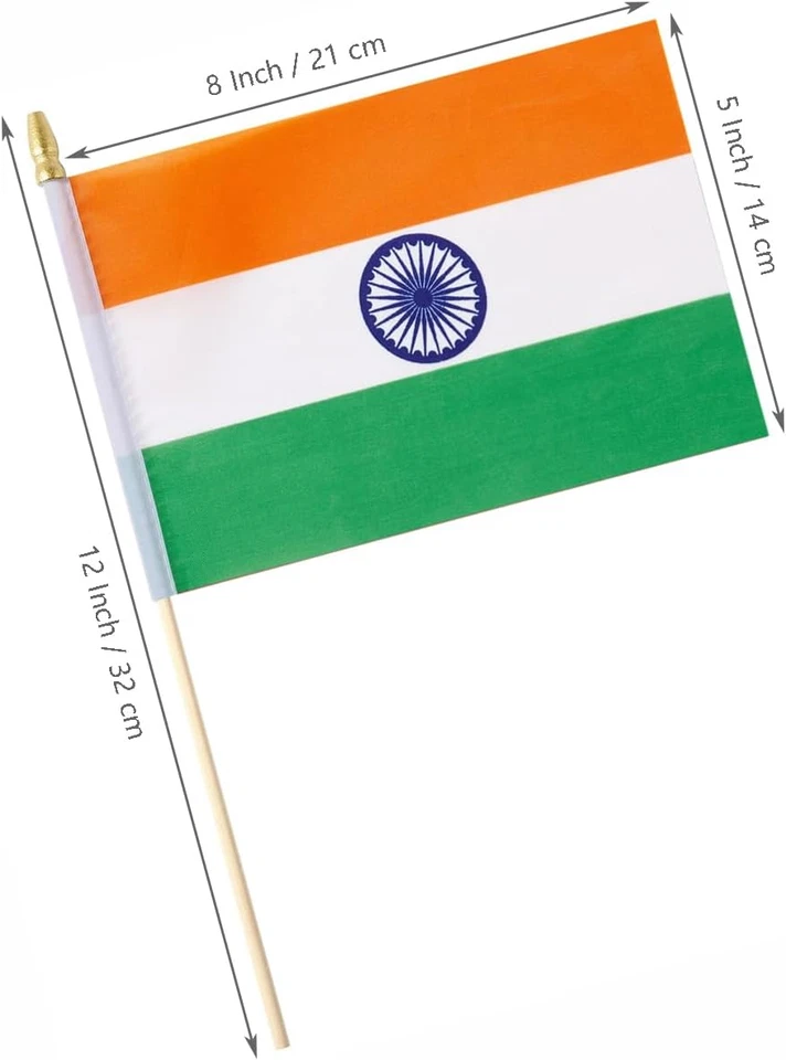 Paquete de 12 banderas pequeñas de la India de 5X8 pulgadas en palo de madera, poliéster, alta calidad Foto 2 de 4
