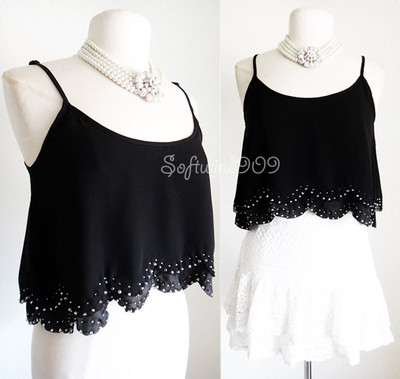NEW Black Double Beaded Scalloped Retro Chic BOHO Cropped Flowy Blouse Cami Top 