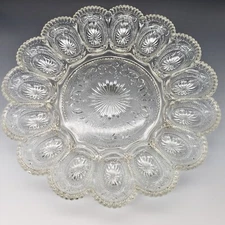 Vintage Clear Glass Deviled Egg Oyster Platter Hobnail Starburst 11" Heavy Piece