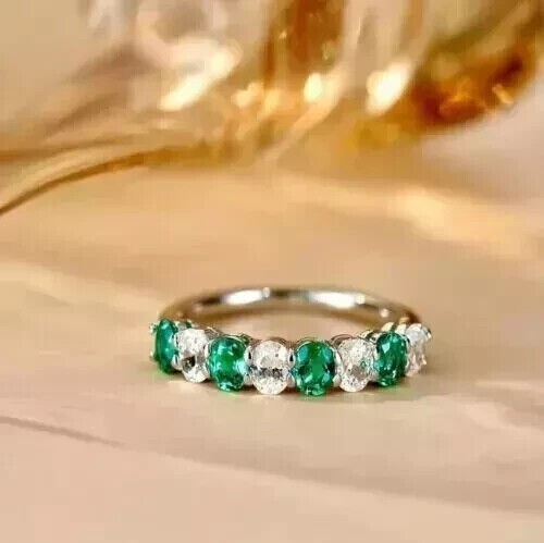 NEW 2.0CT Oval Cut Lab Created Green Emerald Engagement Ring 14K White SILVER