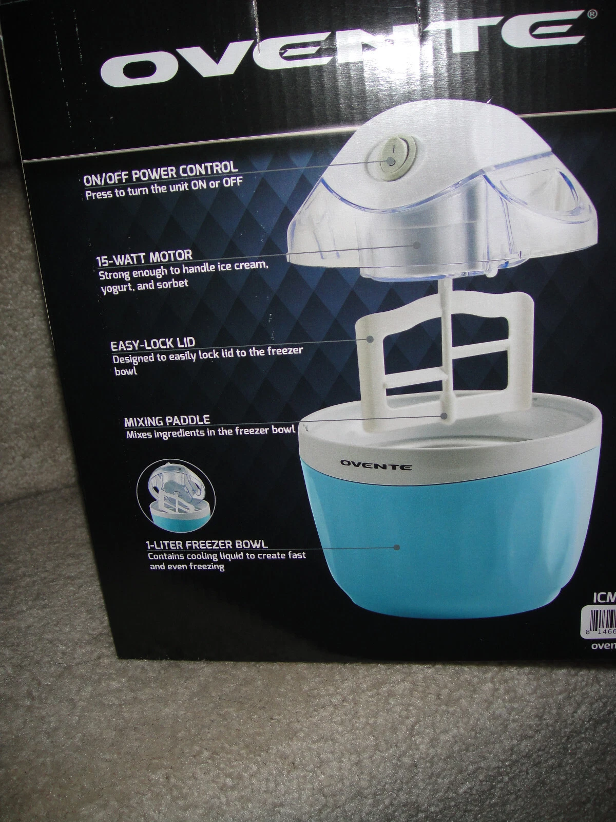 OVENTE ELECTRIC ICE CREAM MAKER iTEM #ICM110BL ~NEW IN BOX- 1 LITER CAPACITY