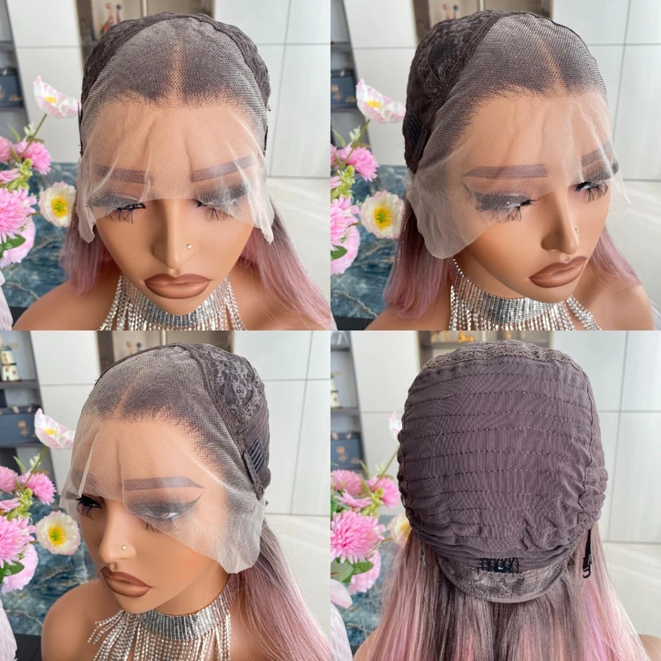 Peluca rosa y lavanda arco iris recta 13x4 encaje frontal peluca resistente al calor 22" Foto 2 de 4