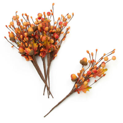 Package of 6 Faux Autumn Orange Berry, Acorn, and Oak Leaf 9-1/2'' Picks