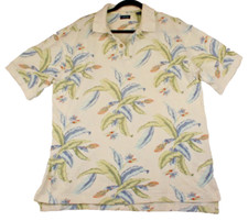 Vintage IZOD Ivory Palm Leaf Hawaiian Polo Shirt Button Up Cotton Men's Large L