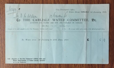 1910 Carlisle Water Committee Fisher St, Carlisle Rechnung an Garden St.