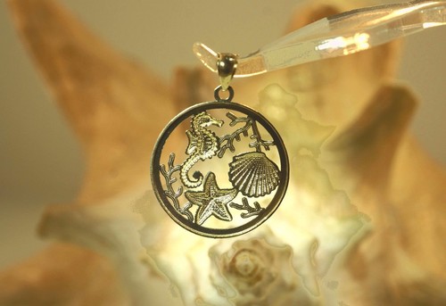 24.5MM 2TONE 14K YELLOW GOLD DC HAWAIIAN SEAHORSE STARFISH SHELL CORAL PENDANT - Picture 7 of 8