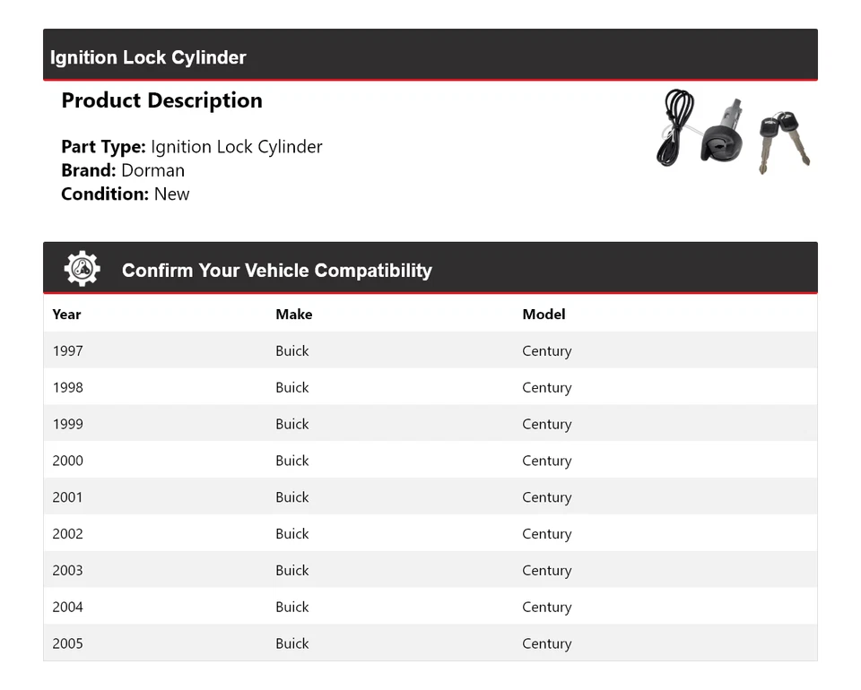 Cilindro de bloqueo de encendido Buick Century Dorman 1997-2005 1998 1999 2000 2001 Foto 2 de 4