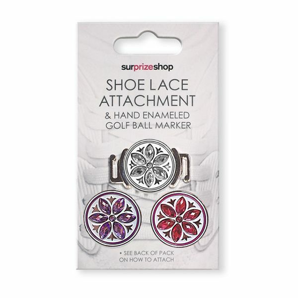 Surprizeshop Shoe Lace Attachment and 3 Hand Enameled Crystal Golf Ball Markers.