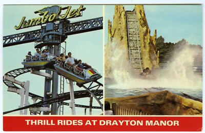 1980er Postkarte Achterbahn Log Flume Nervenkitzel Fahrten Drayton Manor Park Tamworth