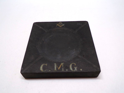 Vintage Freemasons Masonic Black Stone Square Ashtray EUC