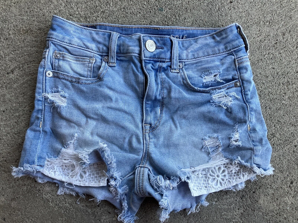 American Eagle Womens Next Level stretch distressed jean shorts, lace  pockets, 2