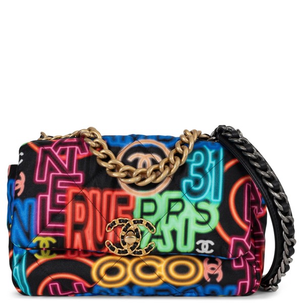 71491 authentische Chanel schwarz & bunt Stoff 21S 19 MEDIUM GRAFFITI Tasche