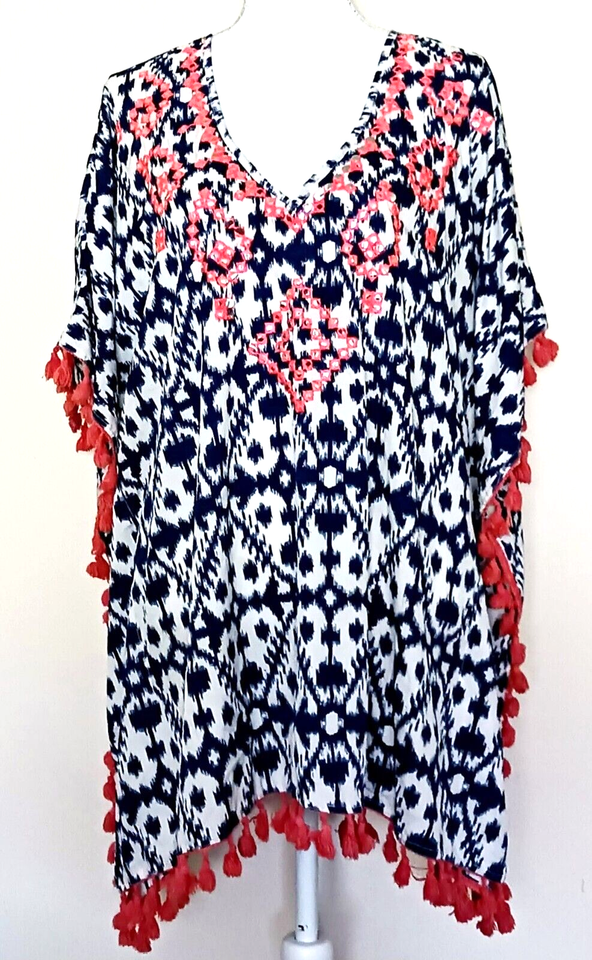 Beaches & Boho Swim Cover Up Blue Ikat Coral Tassel Fringe S/M eBay