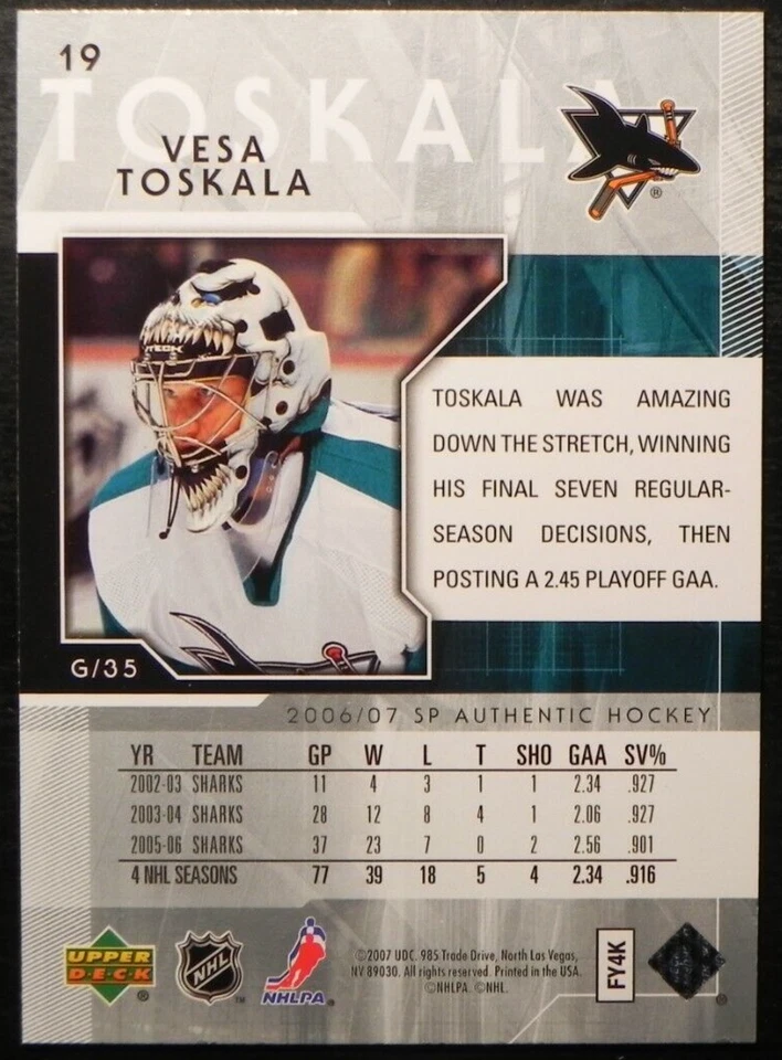 2006-07 06/07 SP Authentic #19 Vesa Toskala Jose Sharks - Image 2 of 2