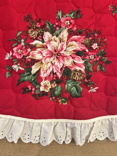 VTG Poinsettia Cottage Core Quilted Ruffled Red 59” Round Christmas Tree Skirt