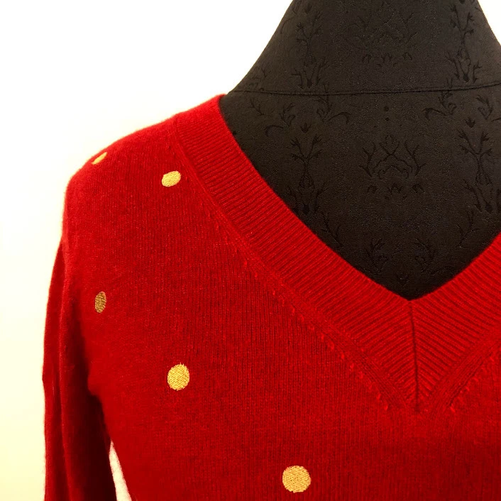 J Crew Embroidered Dot Tunic Sweater Red Gold Gray Polka Dot Merino Wool Small - Image 3 of 4