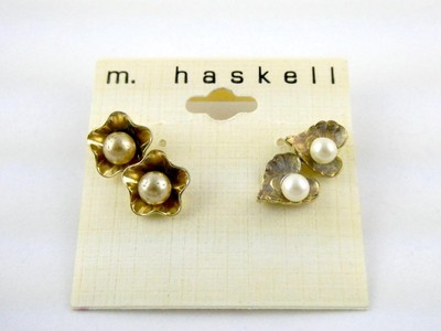 Miriam Haskell Set of 2 Pairs of Stud Earrings Faux Pearl and Leaf Floral Motifs