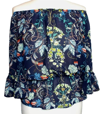 NEU QED LONDON   MARINEBLAUES SCHULTERFREIES CHIFFON-TOP   GRÖSSE 10/12 # 298
