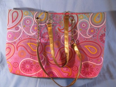 15 x 11 x 4'' Paisley Gradual-Blue-to-Pink Lined Tote Gold-Metallic/Chain Handles