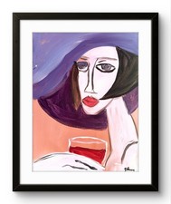 Woman drinking Wine Modern Abstract Face Expressionism Acrylic Art