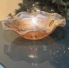 Vintage Jeanette Carnival Glass Bowl  Marigold Iridescent Ruffled Rim 9.5”