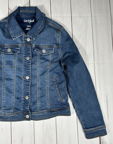 Cat & Jack Blue Denim Jean Jacket Girl's XL (14) Stretch Faded Snap Button Down - Picture 2 of 10