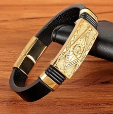 Men's Freemason Masonic Bracelet Gold Plated Magnetic Leather Wristband 8.3"