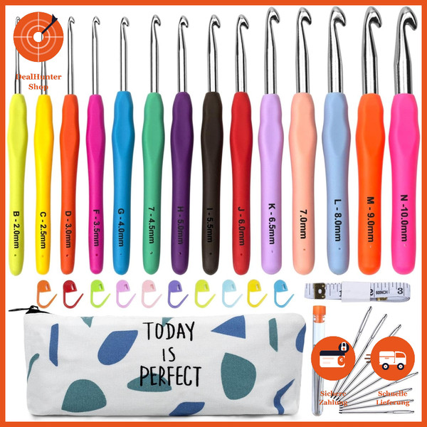 HäKelnadel Set 14 StüCk Ergonomisch Soft Grip Bunte Nadeln Mit Tasche-image