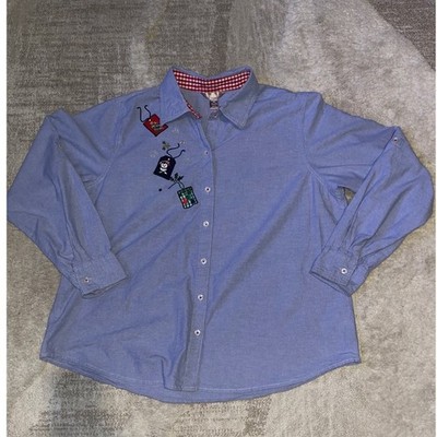 White Stag Womens XXL Blue Oxford Christmas Button Down Shirt Penguin Embroidery