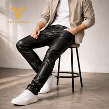 Men  s Black Genuine Lambskin Leather Pants Slim Fit Trousers