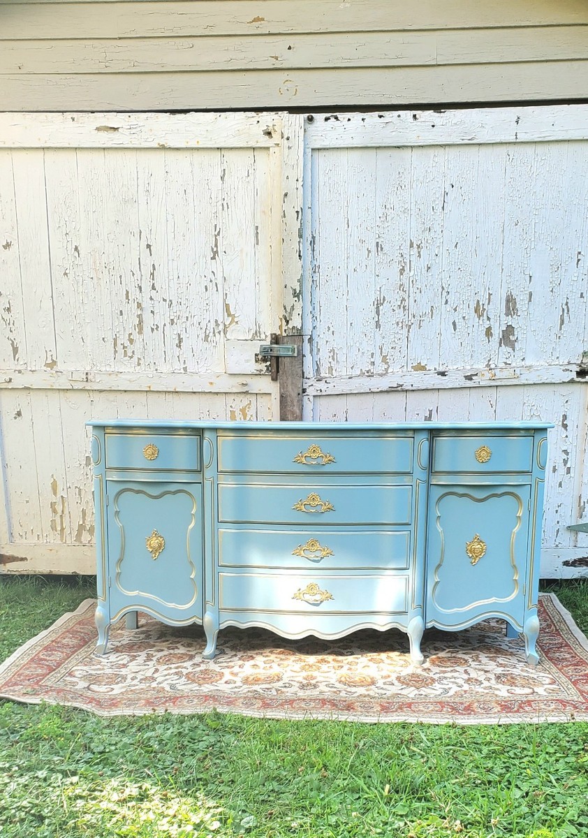 French Style Light Blue Gold 6-Drawer Dresser Carved Painted Wood Bedroom |  eBay
