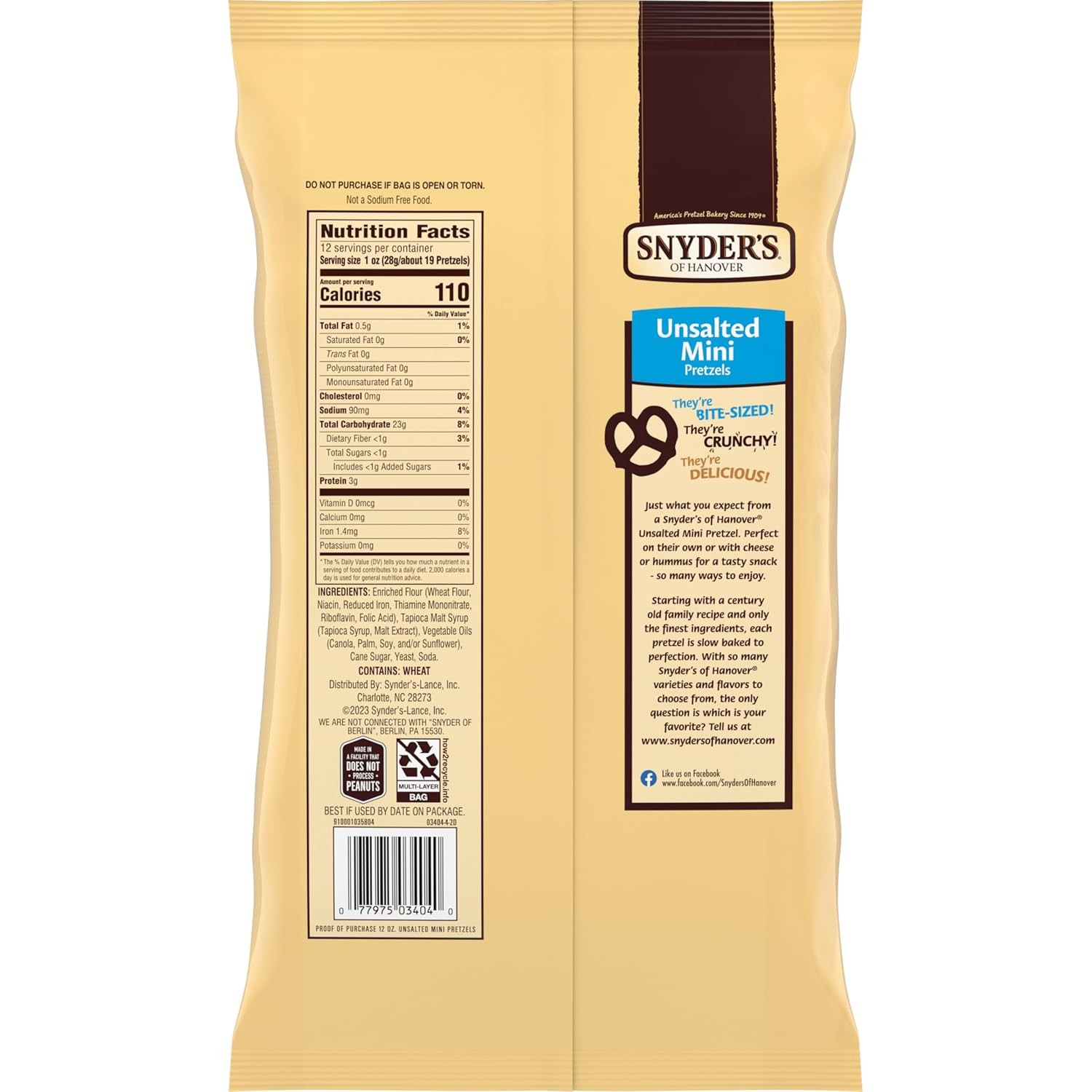 Snyder's of Hanover, Unsalted Mini Pretzels, 12 Oz Bag