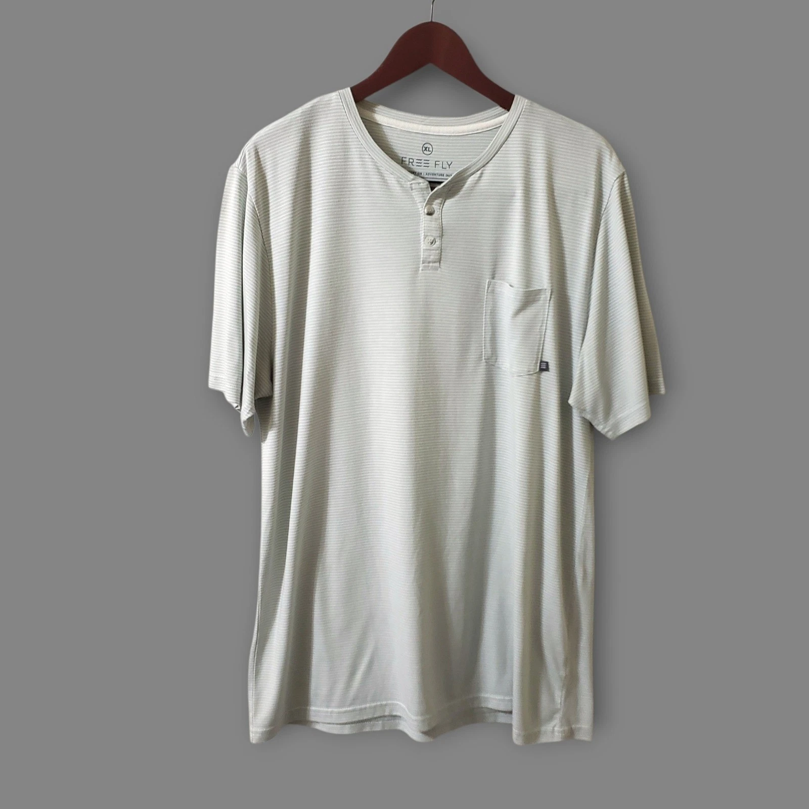 Free Fly Mens XL Bamboo Henley T-Shirt Gray White Striped Performance Pocket Tee