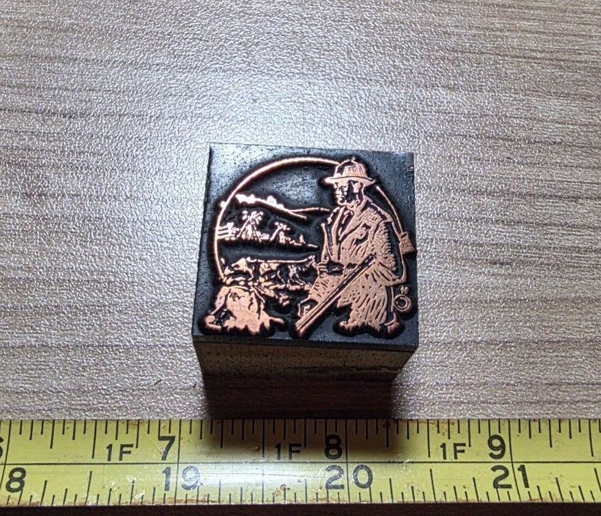 Vintage Letterpress Printing Block Man Hunter? Holding Shot Gun or Rifle