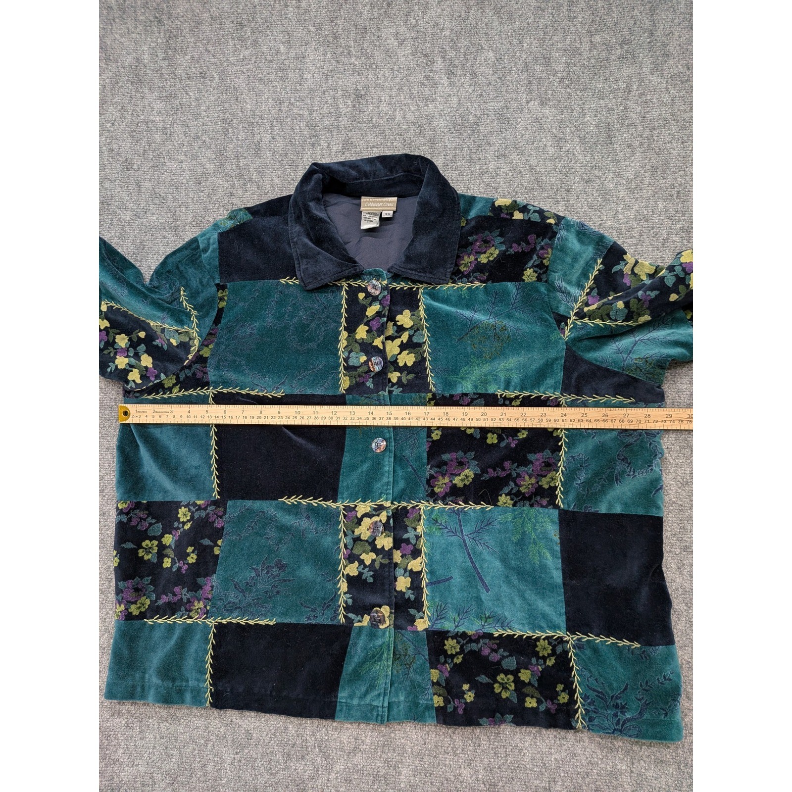 Velvet Patchwork Floral Button Up Jacket Teal 3X … - image 3