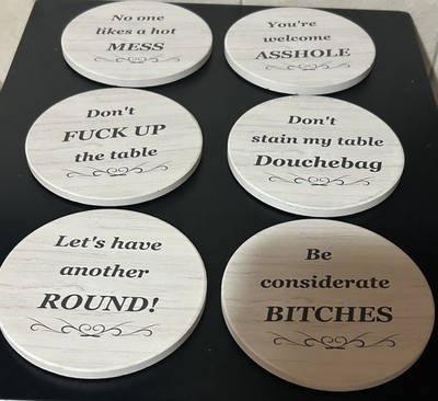 New (6) Stone Coaster Set, No Holder,Funny Sayings For Ultimate hostess 