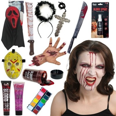Halloween Kostüm Zubehör Konvolut - Masken, Kunstblut, Requisiten, Gesichtsfarbe