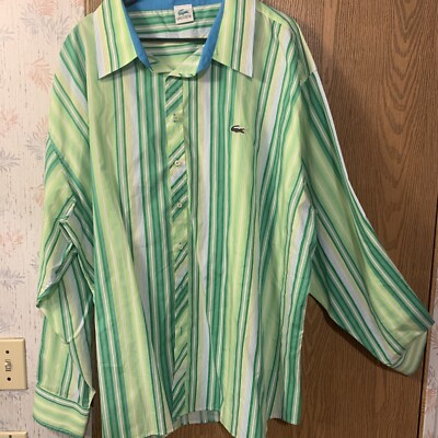 Lacoste Green Yellow Blue Mens Striped Button Up Long Sleeve