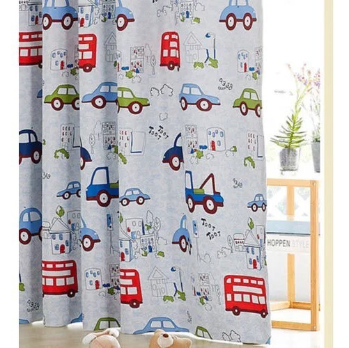 2 x Blue Grey Blackout Eyelet Curtains Car Truck Bus Kids Bedroom