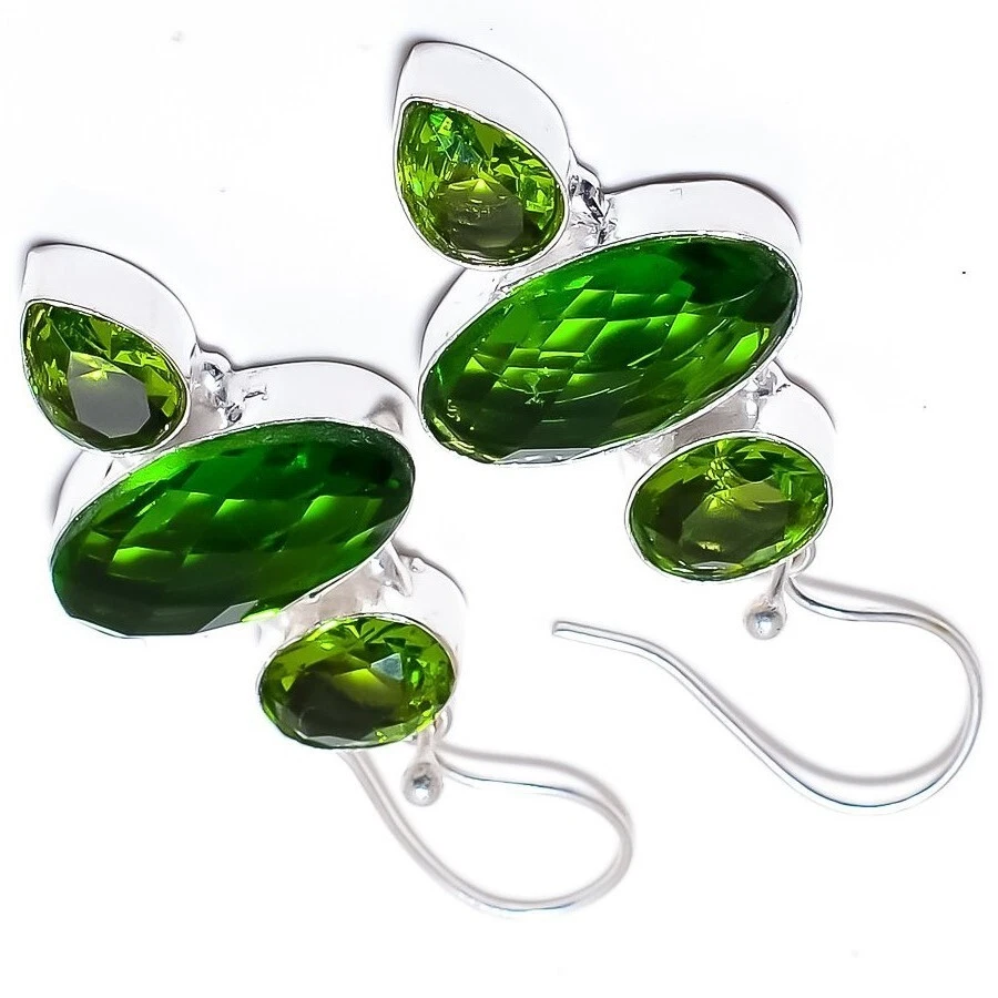 Green Peridot Gemstone 925 Sterling Silver Ethnic Handmade Jewelry Earrings - Image 4 of 4