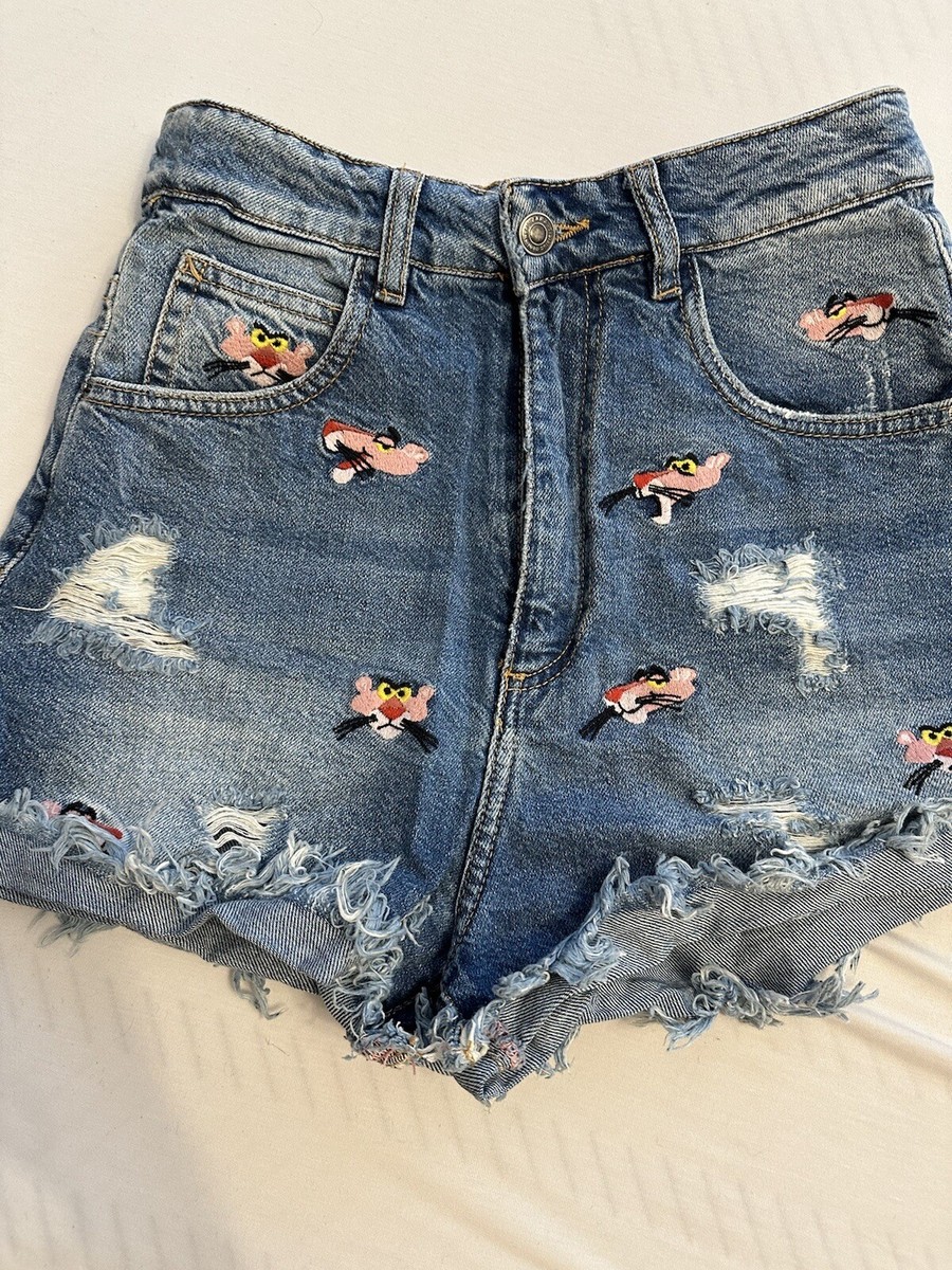 【U LAN】Foreverton Short Denim Pants Zara High waisted Pink Panther embroidered denim shorts