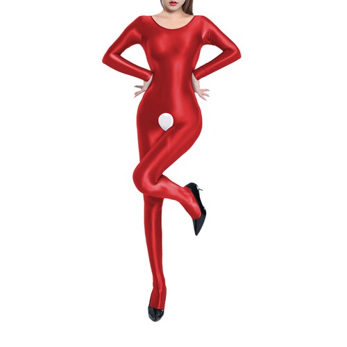 Womens Glossy Long Sleeve Full Body Jumpsuit Crotchless Catsuit Stretchy Cutout - Bild 50 von 93