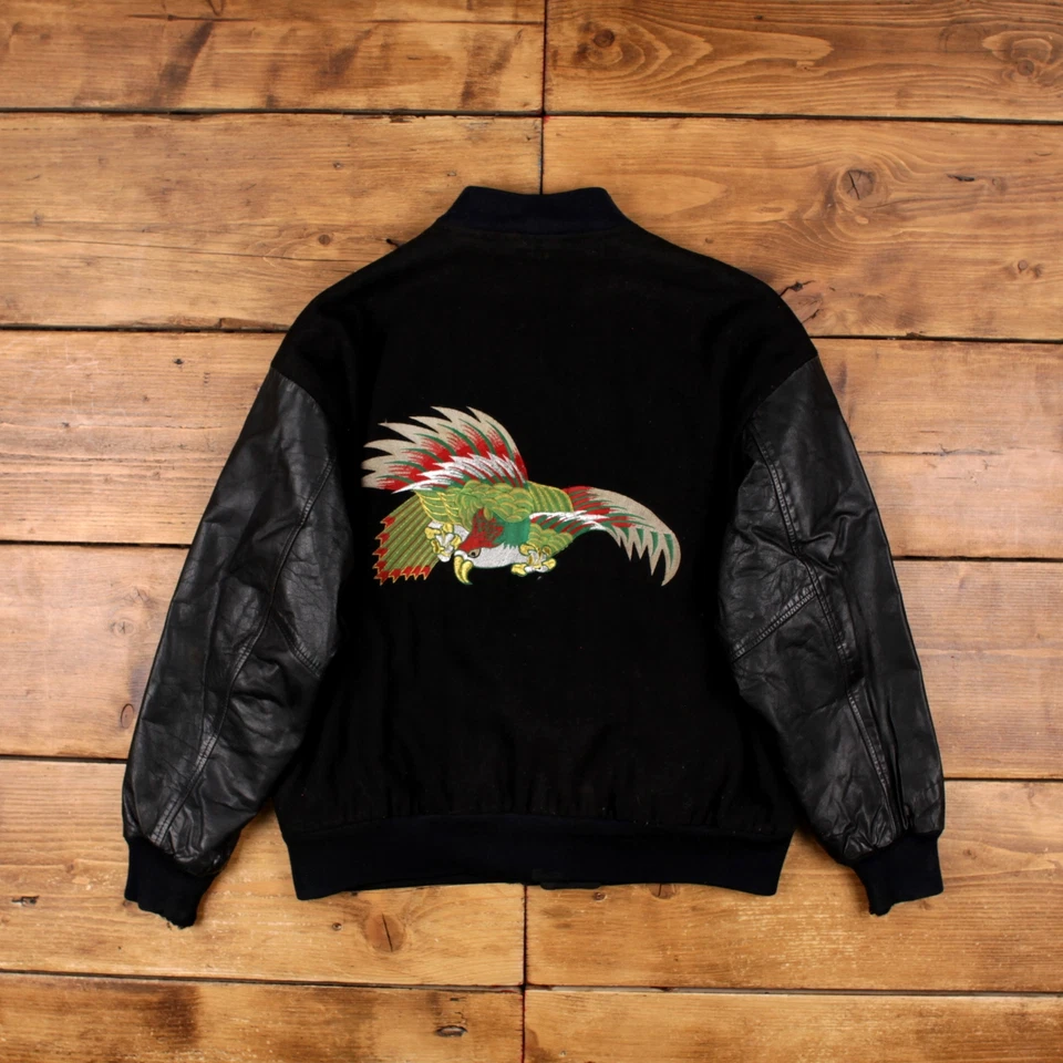 Vintage International Male Leather Jacket L Embroidered Bomber Black - Image 2 of 4