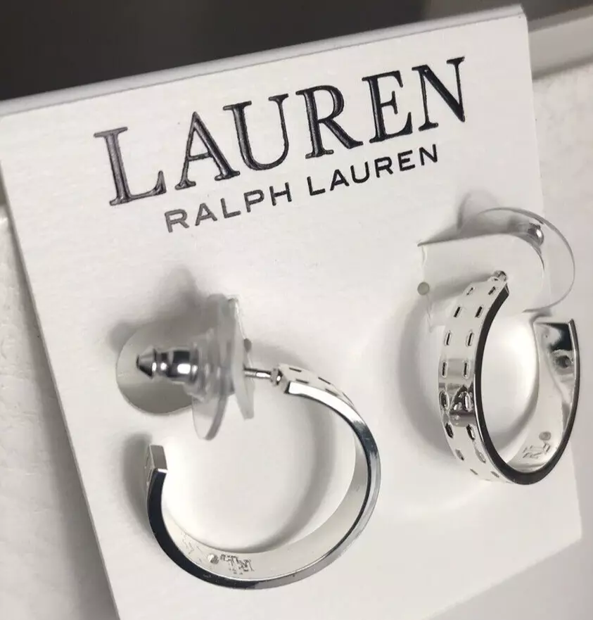 LAUREN Ralph Lauren Silver Tone Small Stitched C Hoop Earrings 0.8